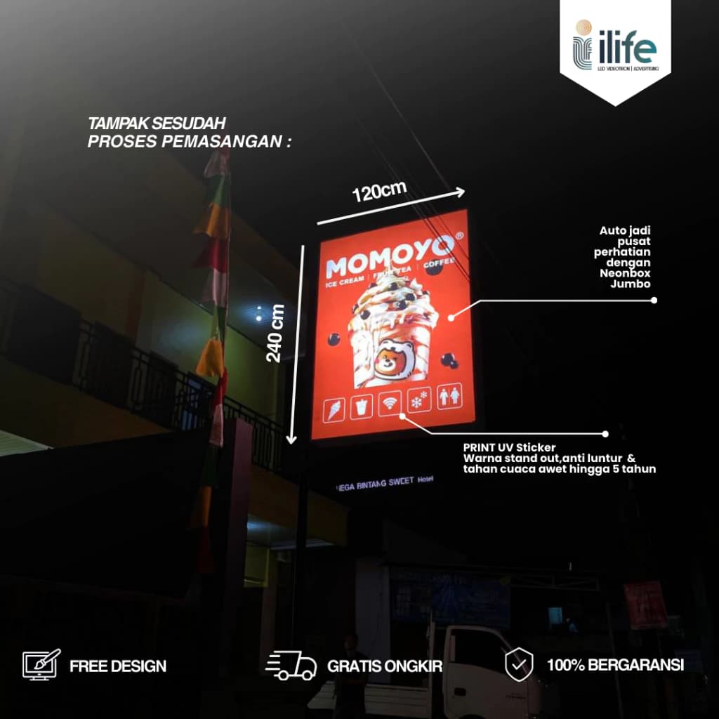 Hasil akhir pemasangan neon box jumbo untuk Momoyo Blora