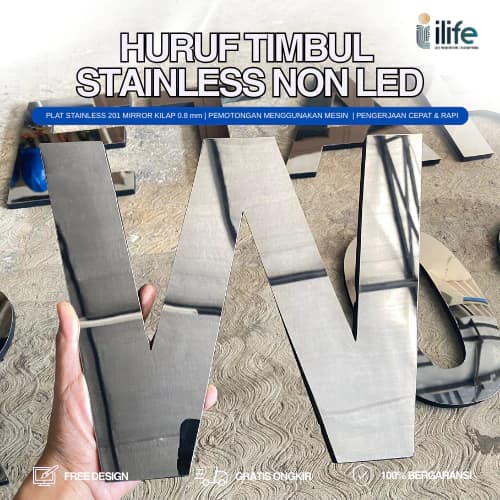 Gambar huruf timbul karakter W material stainless steel tanpa LED