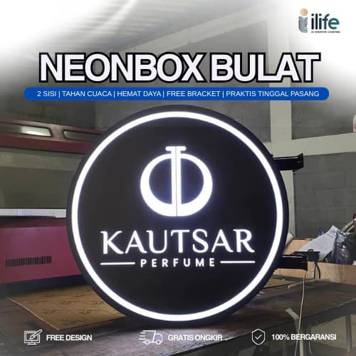 Gambar neon box bulat dua sisi material akrilik dengan pencahayaan LED